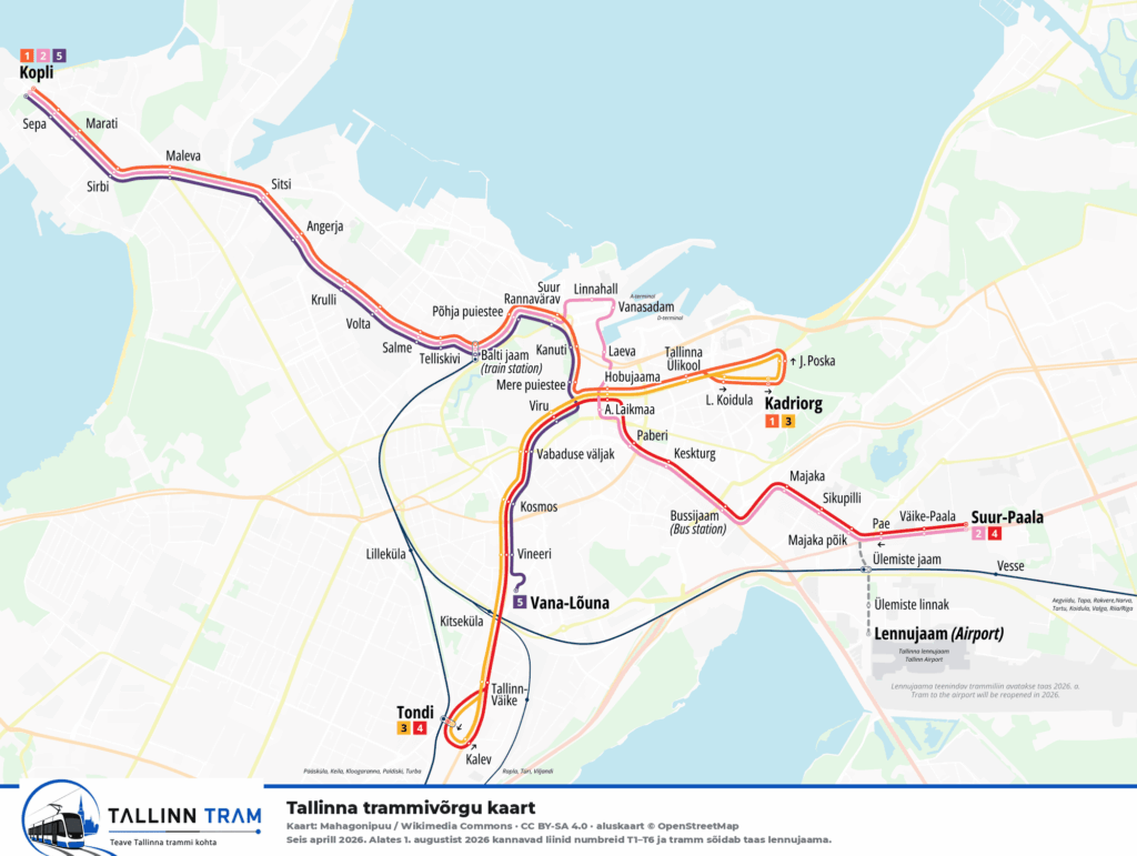 Tallinna trammikaart: kuus trammiliini ja 45 peatust